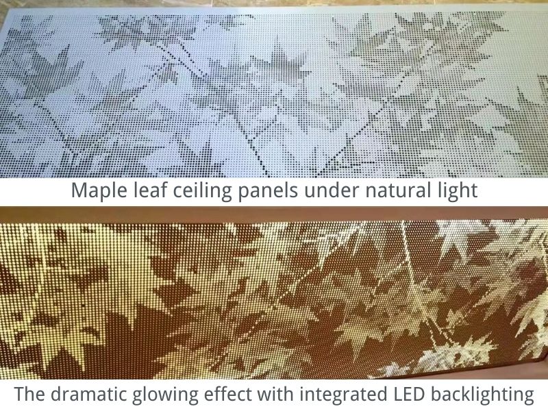 Stunning Backlit Maple Leaf Perforated Metal Ceilings: Lighting Contrast Effects
